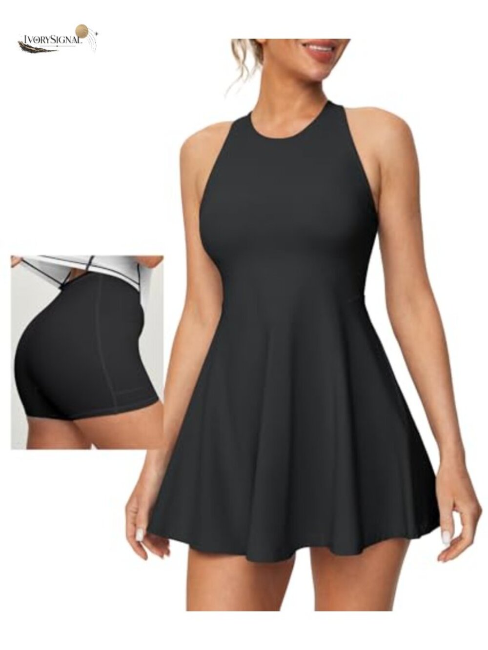 Tennis Dress with Shorts Athletic Golf Outfit Sleeveless High Neck A-Line